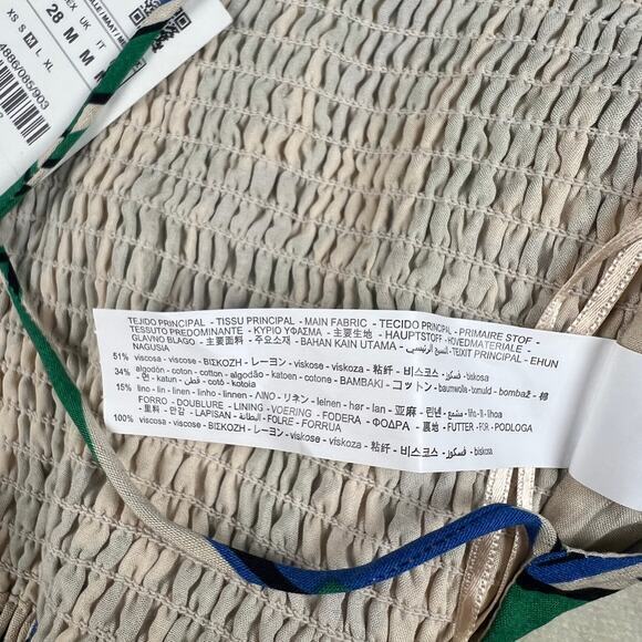 Zara Linen Spaghetti Strap Green/Blue Geometric Crop Top Shirred Back Size M - Picture 5 of 5